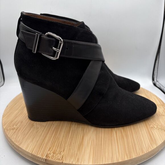 Aquatalia Tillie Suede Wedge Booties Womens 10 Black Cross Buckle Strap - Picture 2 of 12